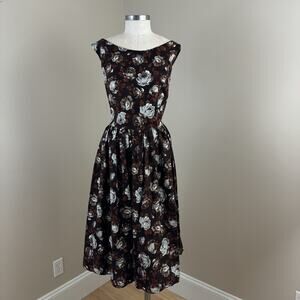 Queen of Heartz Womens Retro Floral Dress Fit Flare 2X Brown Pin Up USA NEW